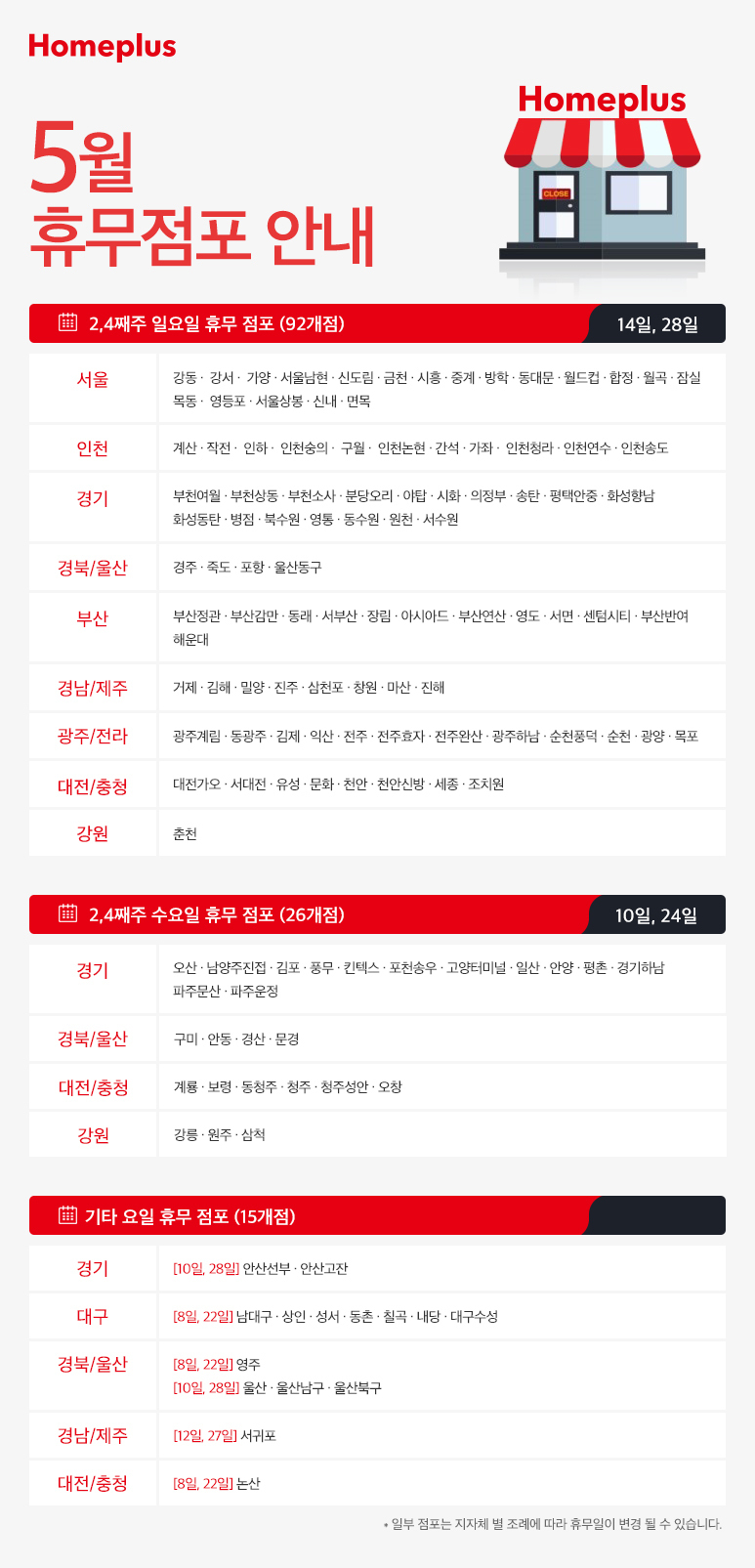  홈플러스 5월 휴무 점포 안내, 휴무일 안내