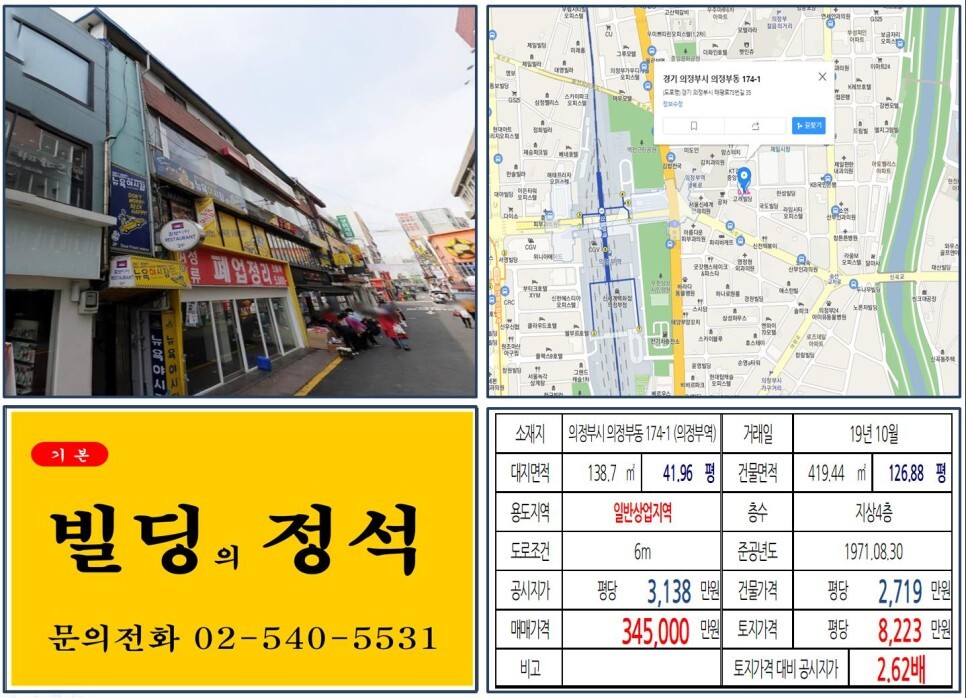  [의정부시 의정부로데오 30억 꼬마빌딩 실거래가 조회] 의정부동 174-1 (의정부역) 34억 5,000만 원, 평당 8,223만 원 매매되었습