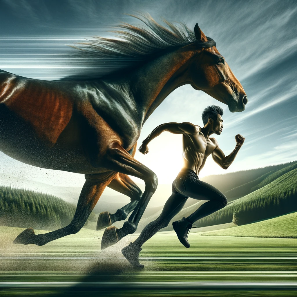 Here is the image depicting a person and a horse racing together in the same direction across a scenic landscape. This artistic interpretation captures their harmonious and energetic race.