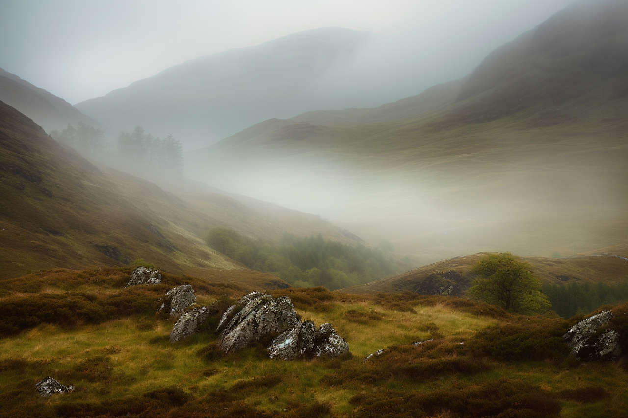 /imagine prompt: hills of the scotland highlands&amp;#44; misty fog&amp;#44; Canon RF 16mm f:2.8 STM Lens&amp;#44; award winning photography&amp;#44; by national geographic and upsplash --ar 3:2 --seed 1 --v 5 --s 100