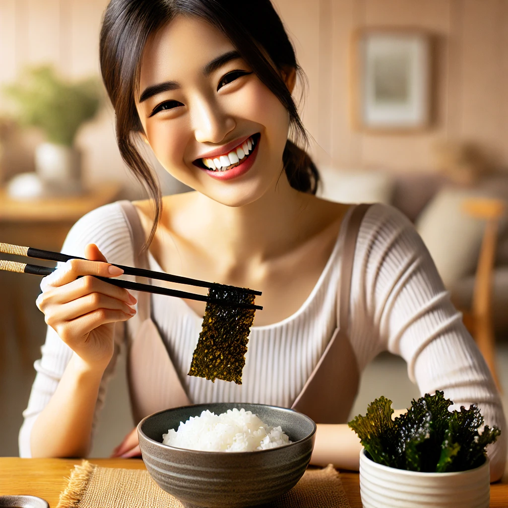 김을 밥과 맛있게 먹는 여성사진