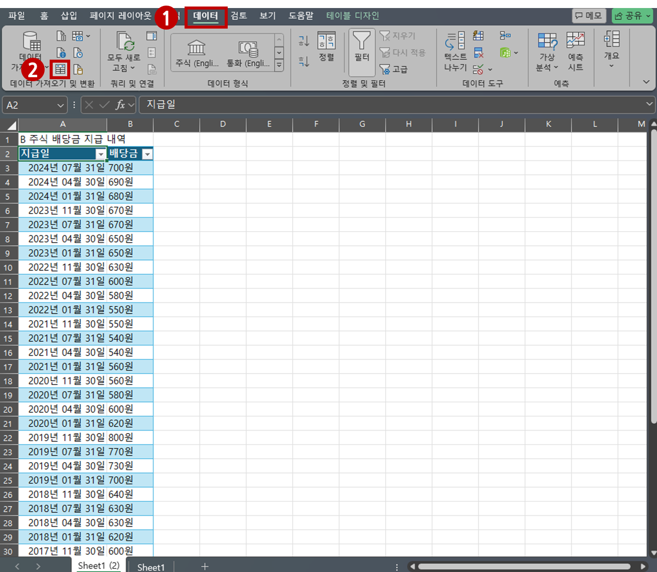 배당금 지급일과 지급 금액 셀이 표 영역으로 지정된 엑셀 화면