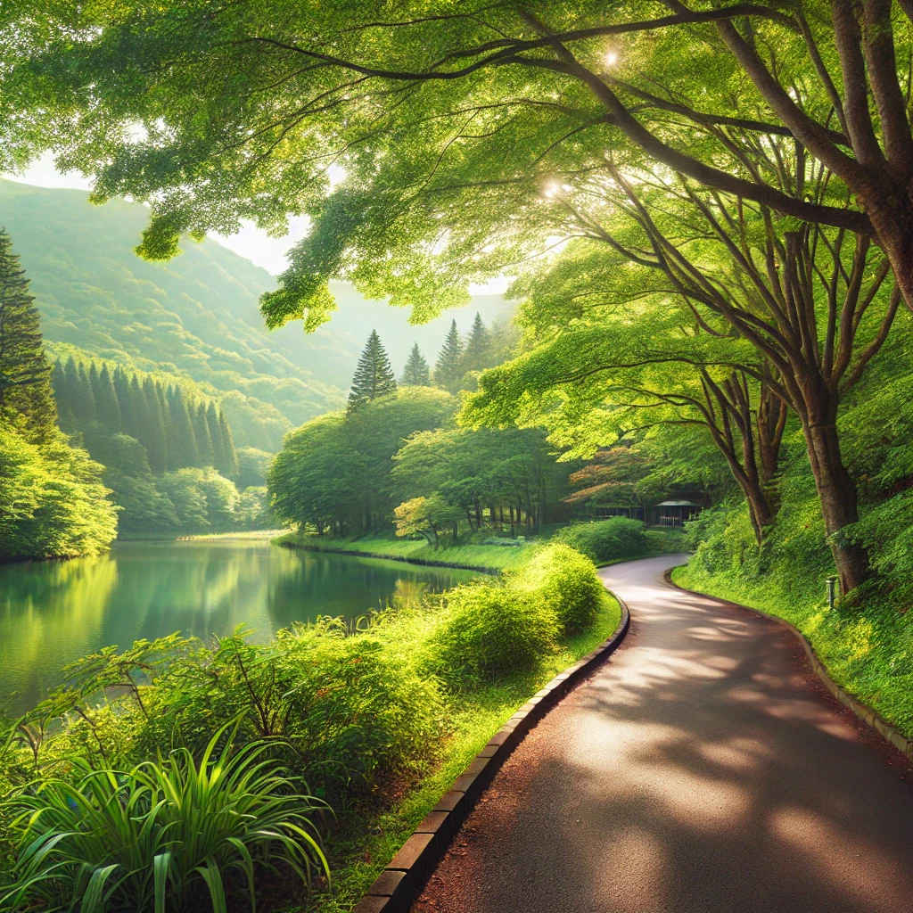 가루이자와의 평화로운 산책로, 푸른 숲과 호수를 따라 걷는 여유로운 자연 속 힐링 여행을 보여주는 썸네일 이미지