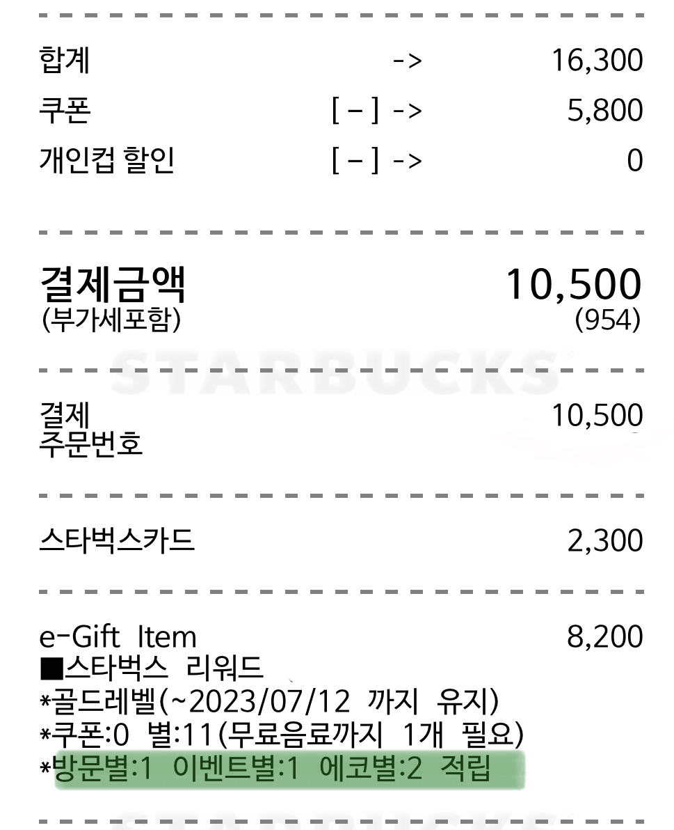 스타벅스_별_12개_무료_음료_쿠폰과_e_gift_item이_적용된_영수증