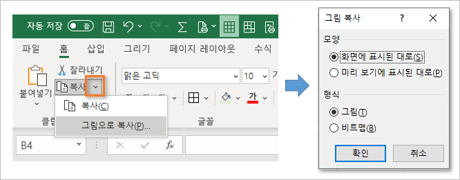 엑셀 내용을 그림으로 복사하는 방법