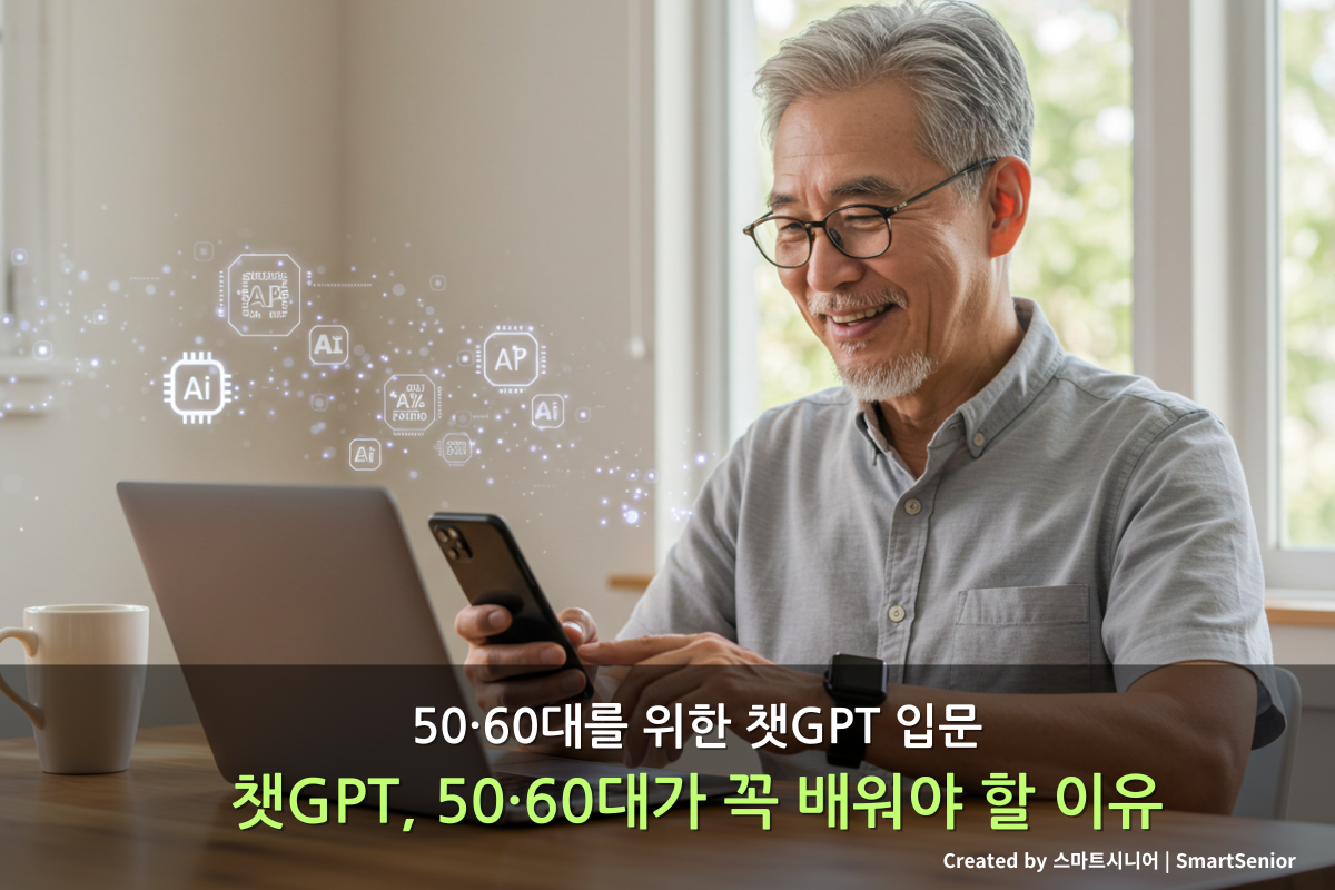 스마트폰과 노트북으로 챗GPT를 배우는 웃는 시니어 남성