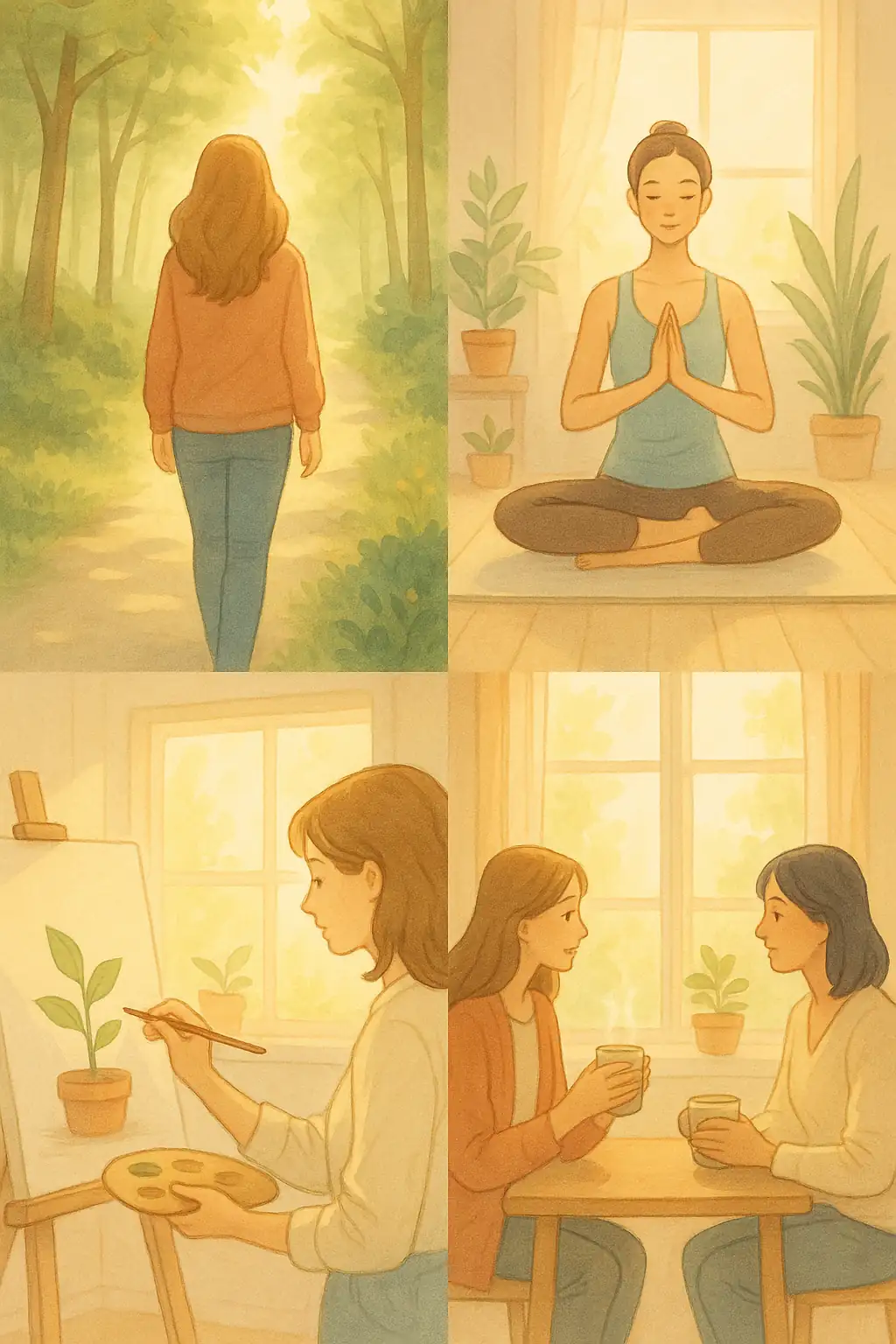 명상, 산책, 예술 활동, 대화를 통해 알코올 회복 중 일상의 평화를 찾는 여성들의 따뜻한 일러스트