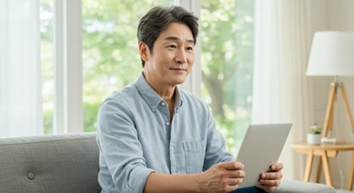 밝은 공간에서 편안하고 건강해 보이는 중년 한국인의 실사 사진 제품 섭취 후 기대되는 긍정적인 모습을 시각화한다.