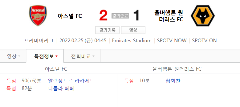  21/22 시즌 EPL 20라운드 - 아스널 VS 울버햄튼 경기 (황희찬 리그 5호골 영상)