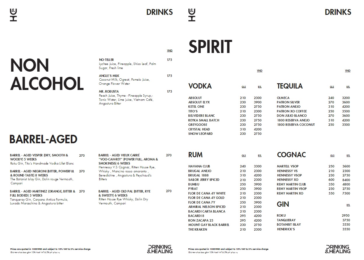 호치민 1군 분위기 좋은 칵테일 바 Drinking & Healing 음료 메뉴(2)