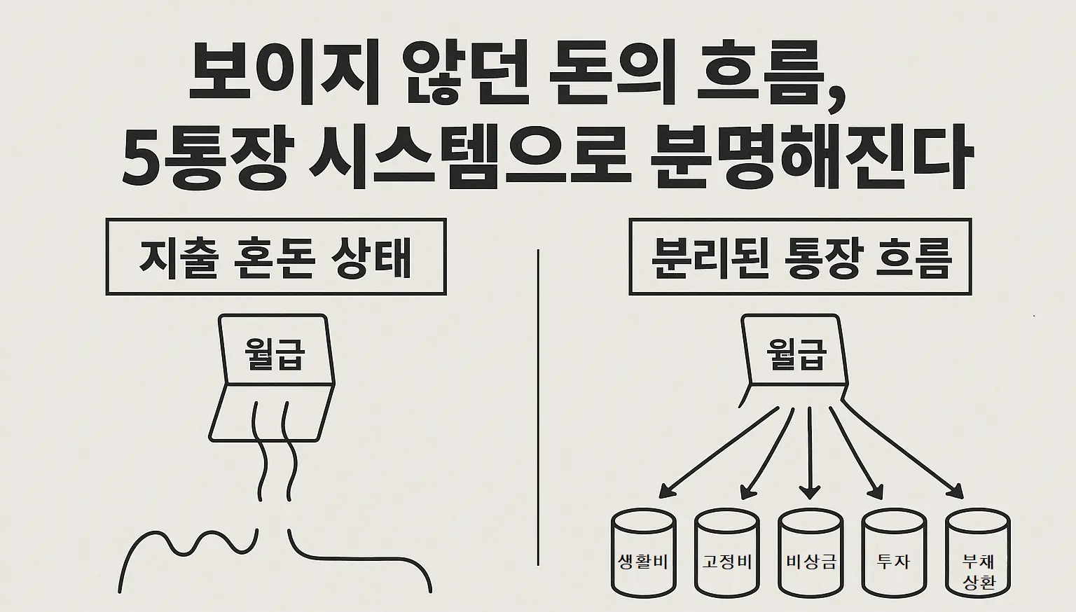 5통장 시스템으로 지출 흐름이 구조화되는 비교 도식