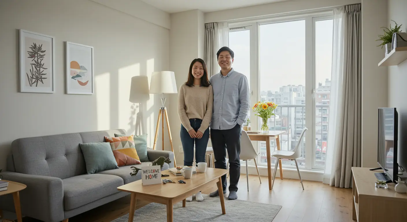 임대주택에서 미소짓고있는 신혼부부의 모습이다. 책상에 welcome home이라고 적혀있는 쇼핑백도 있다.