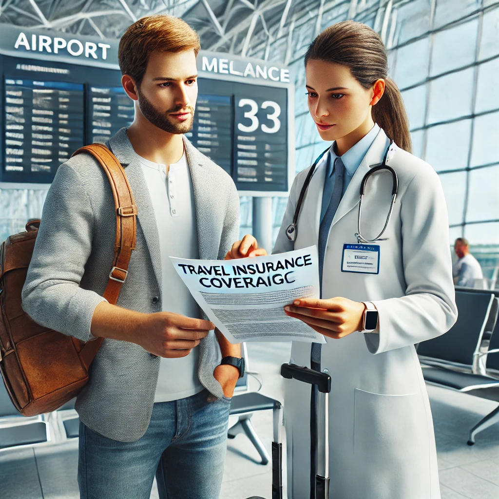 공항 의료 센터에서 보험 보장을 상담 중인 여행자