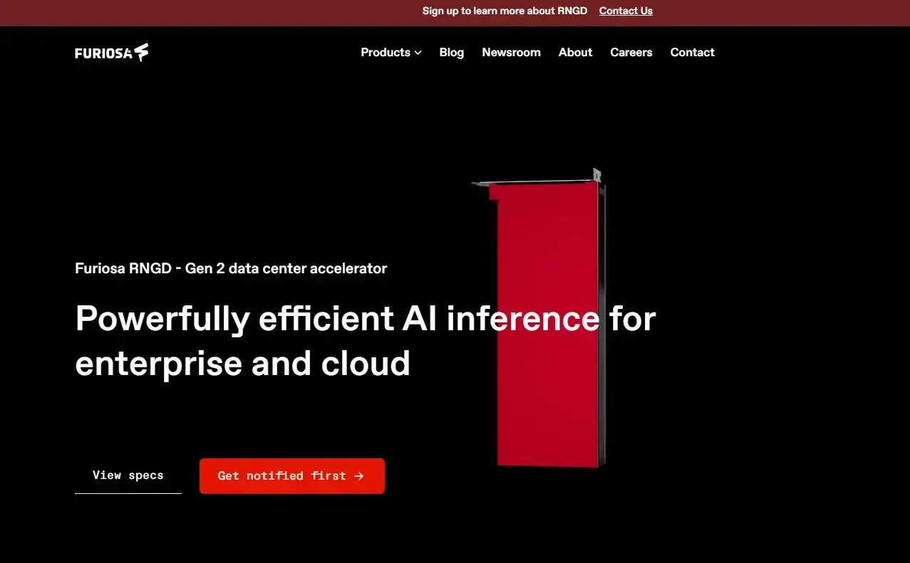 퓨리오사AI 공식 홈페이지 메인 – Renegade AI 추론 가속기 제품 소개 화면