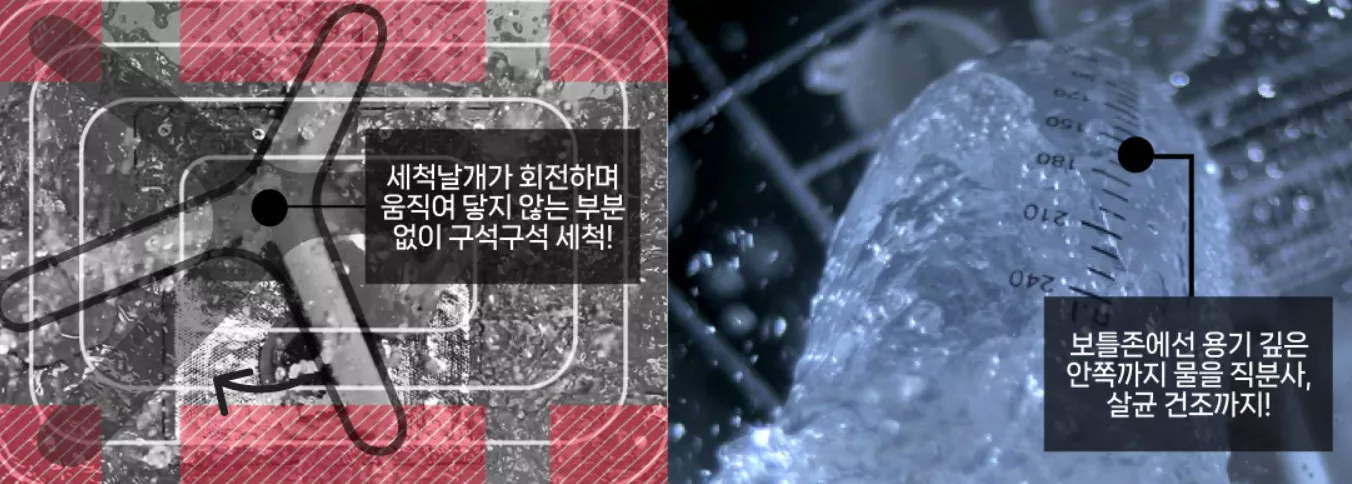SK 식기 세척기 회전 날개 돌아가는 부분과 보틀 세척 장면