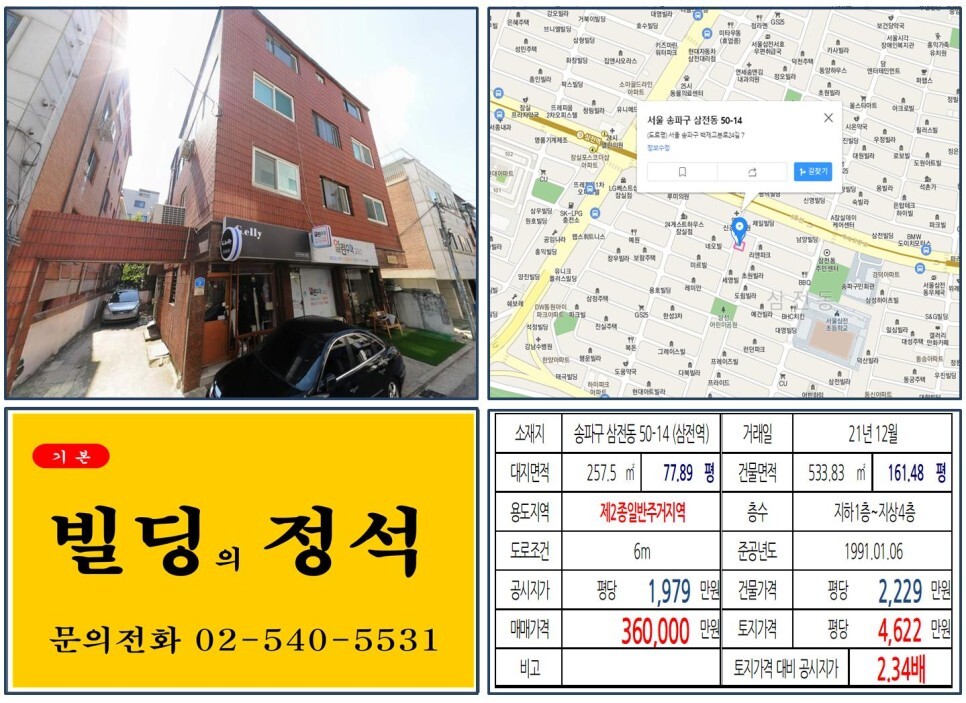  [송파구 백제고분로 30억 꼬마빌딩 실거래가 조회] 삼전동 50-14 (삼전역) 36억 원, 평당 4,622만 원 매매되었습니다.