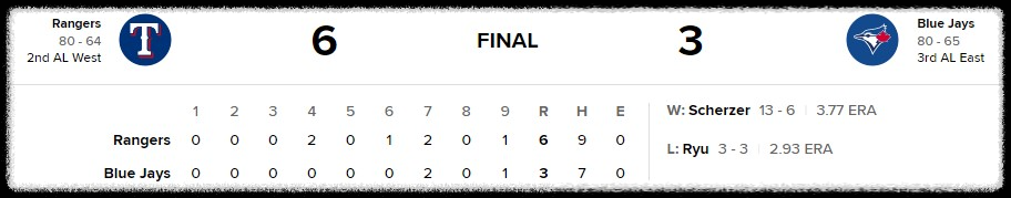 텍사스 레인저스 vs 토론토 블루제이스 2차전 결과(출처:MLB)