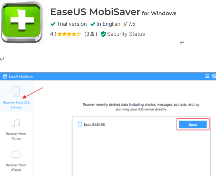 EaseUs-MobiSaver프로그램화면-핸드폰디바이스선택-화면오른쪽스캔버튼클릭해준다