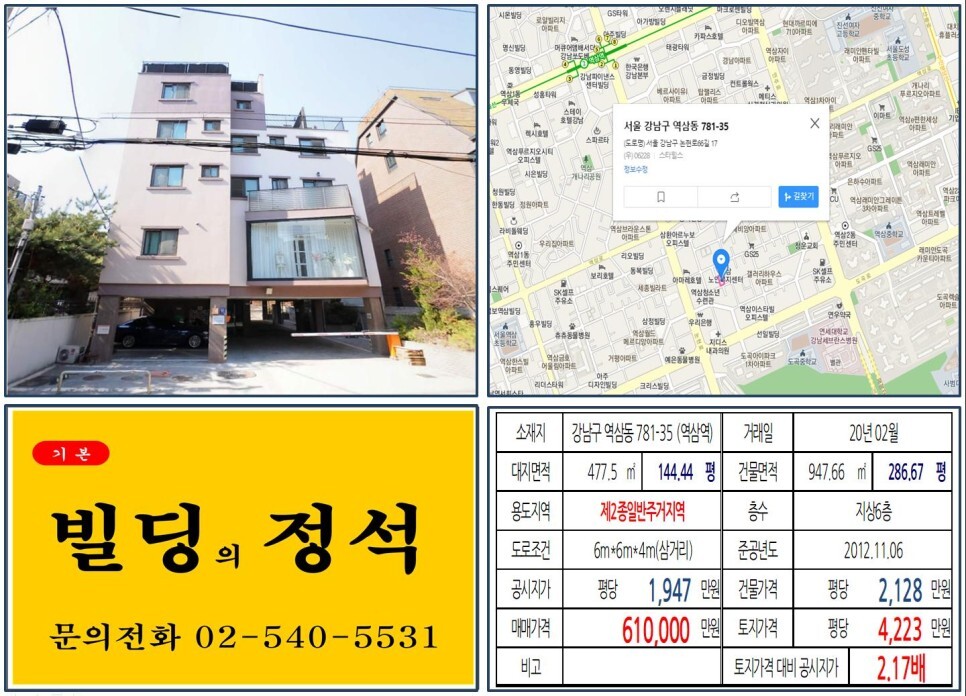  [강남구 역삼로 60억 꼬마빌딩 실거래가 조회] 역삼동 781-35 (역삼역) 61억 원, 평당 4,223만 원 매매되었습니다. 도곡삼호아파트 재건축, 강남세브란스병원