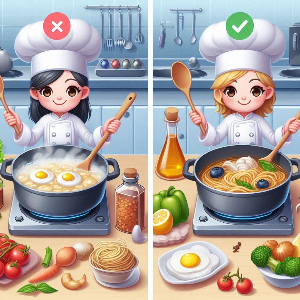 끓이기와 튀기기를 비교하는 요리 장면
