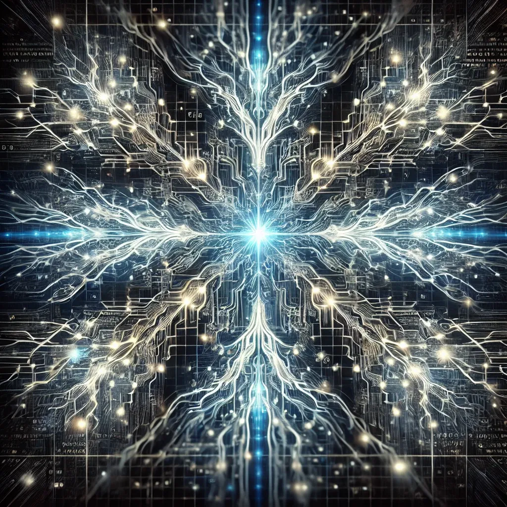 Glowing neural network matrix representing GPT-4 and generative AI with data streams in a futuristic digital matrix