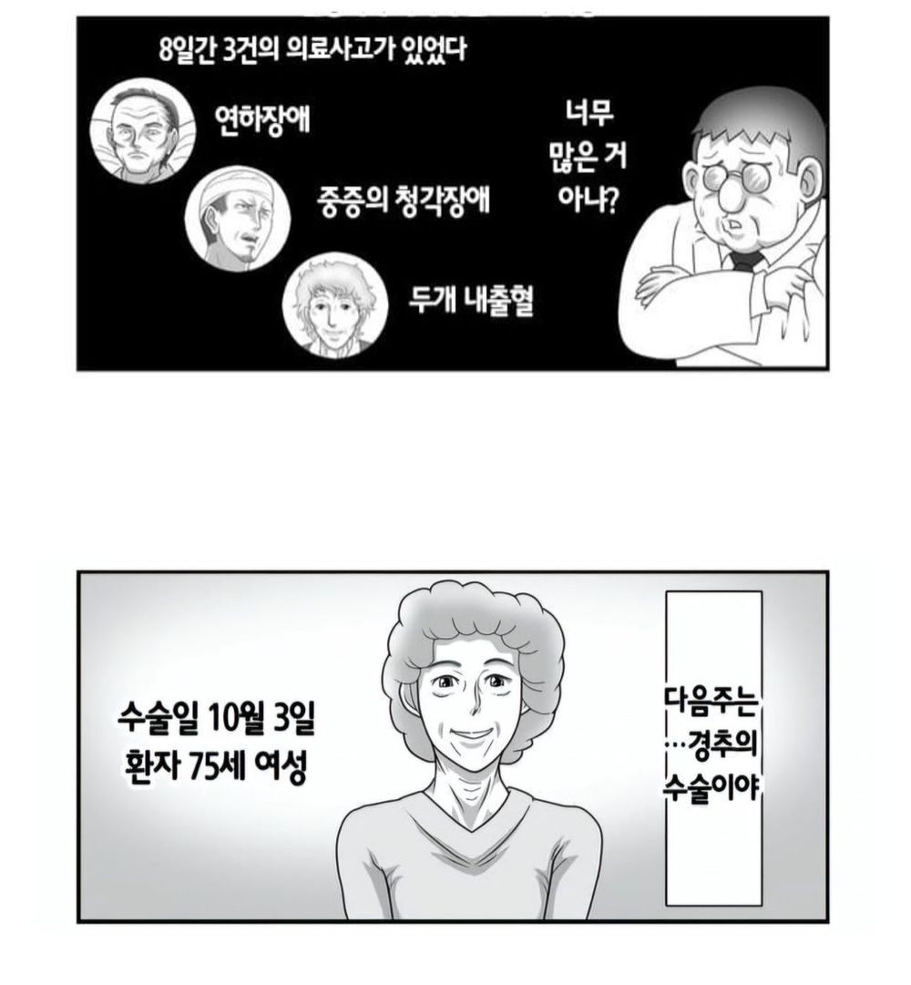 8일간 3건의 의료사고가 있었다
연하장애
중증의 청각장애
너무
많은 거
아냐?
두개 내출혈
수술일 10월 3일 환자 75세 여성
다음주는
경추의
수술이야