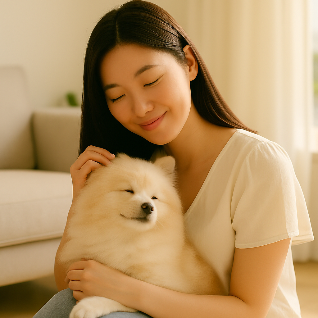 여름 옷을 입은 한국인 여성 보호자 품에 안겨 눈을 감고 있는 포메라니안 강아지