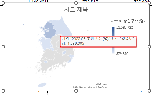 지도에 인구수가 보이지 않지만, 강원도에 마우스 커서를 갖다 대면 총 인구수가 박스 안에 표시됨