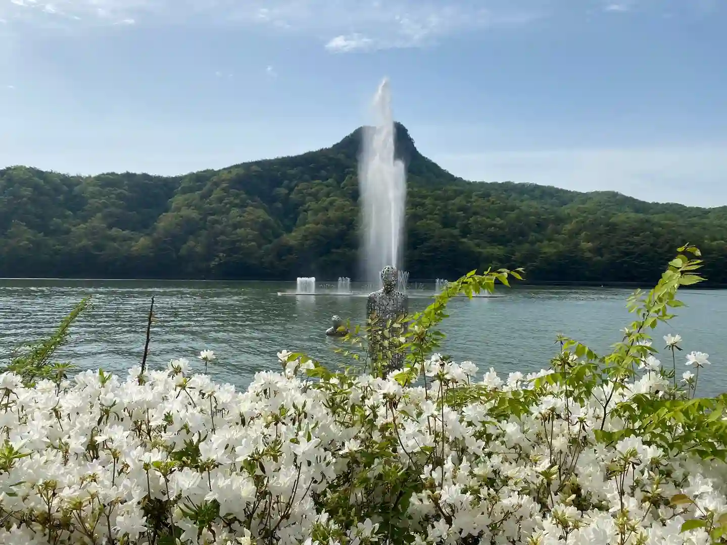 산정호수의 중앙에 위치한 분수대로 음악에 맞춰 높낮이를 다르게 하여 물을 뿜는 모습.