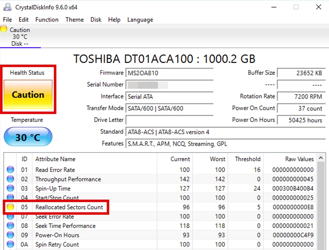 CrystalDiskInfo 재할당된 섹터 수