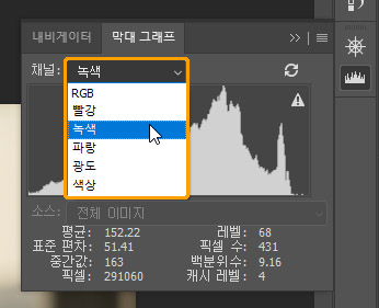 히스토그램 패널의 채널 변경