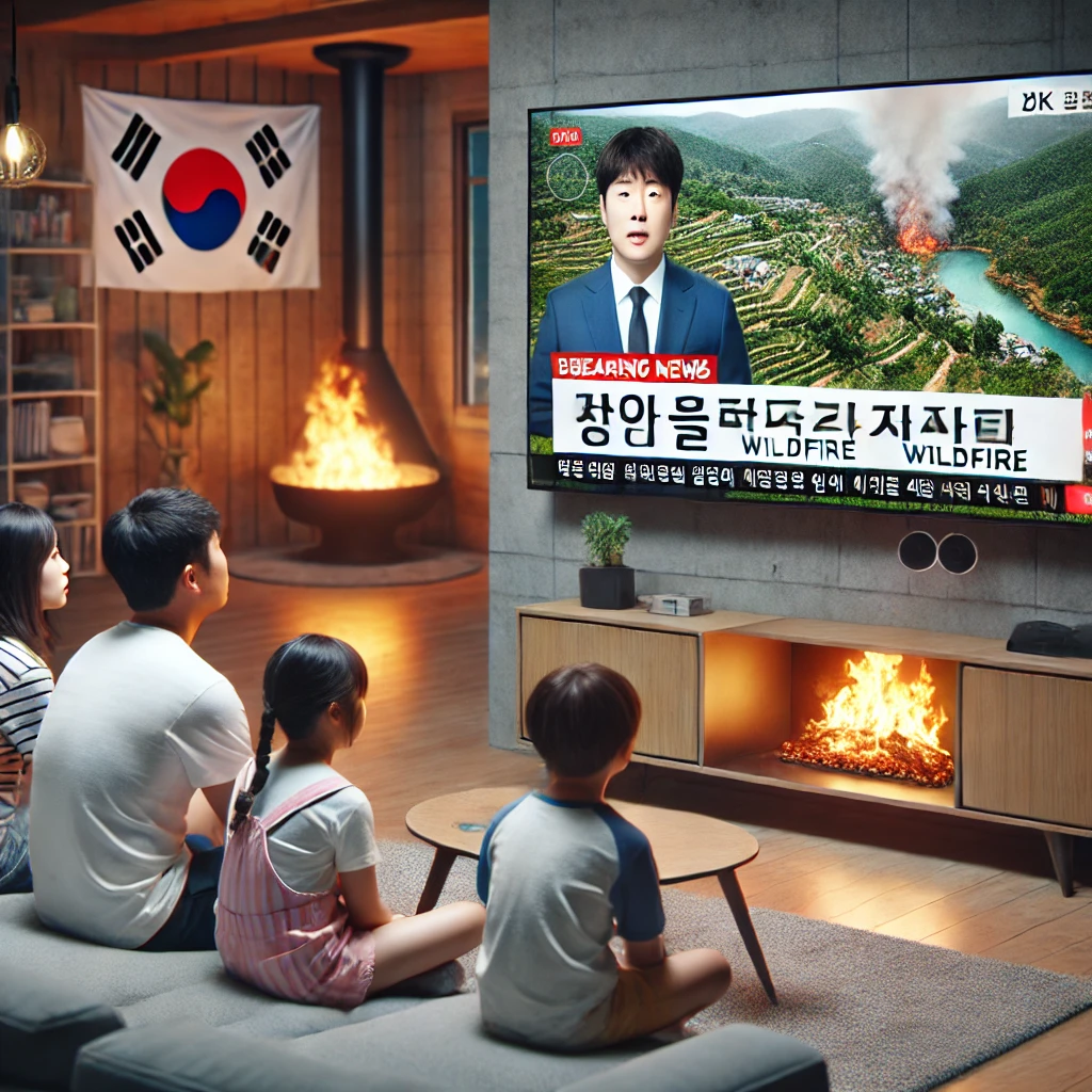 산불 속보 뉴스를 시청 중인 한국 가족의 거실 모습