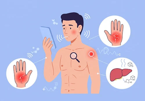 남성형 유방, 수장 홍반, 특이한 입 냄새 등 다양한 간 건강 이상 신호를 상징하는 요소들과 함께, 몸의 작은 변화에 주의를 기울이는 사람을 묘사한 개념적인 디지털 일러스트레이션