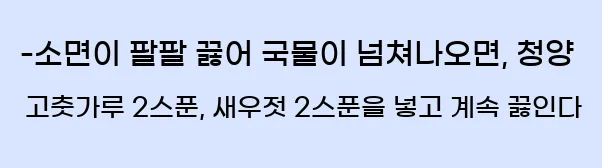  -소면이 팔팔 끓어 국물이 넘쳐나오면, 청양 고춧가루 2스푼, 새우젓 2스푼을 넣고 계속 끓인다