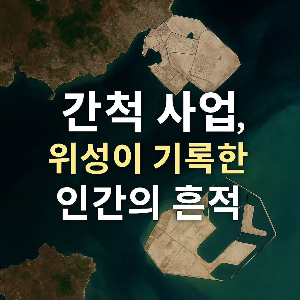 위성 영상 배경 위에 '간척 사업, 위성이 기록한 인간의 흔적'이라는 한글 문구가 강조된 블로그용 썸네일 이미지. 인공섬과 자연 해안선의 대비가 시각적으로 표현됨