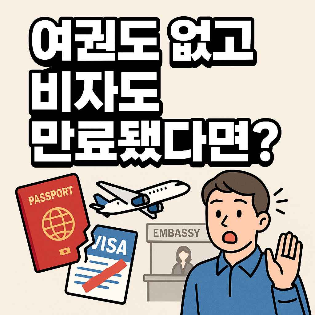 프랑스에서 여권과 비자가 모두 만료된 상황을 표현한 일러스트, 찢어진 여권과 놀란 남성 캐릭터, 대사관 배경이 포함됨