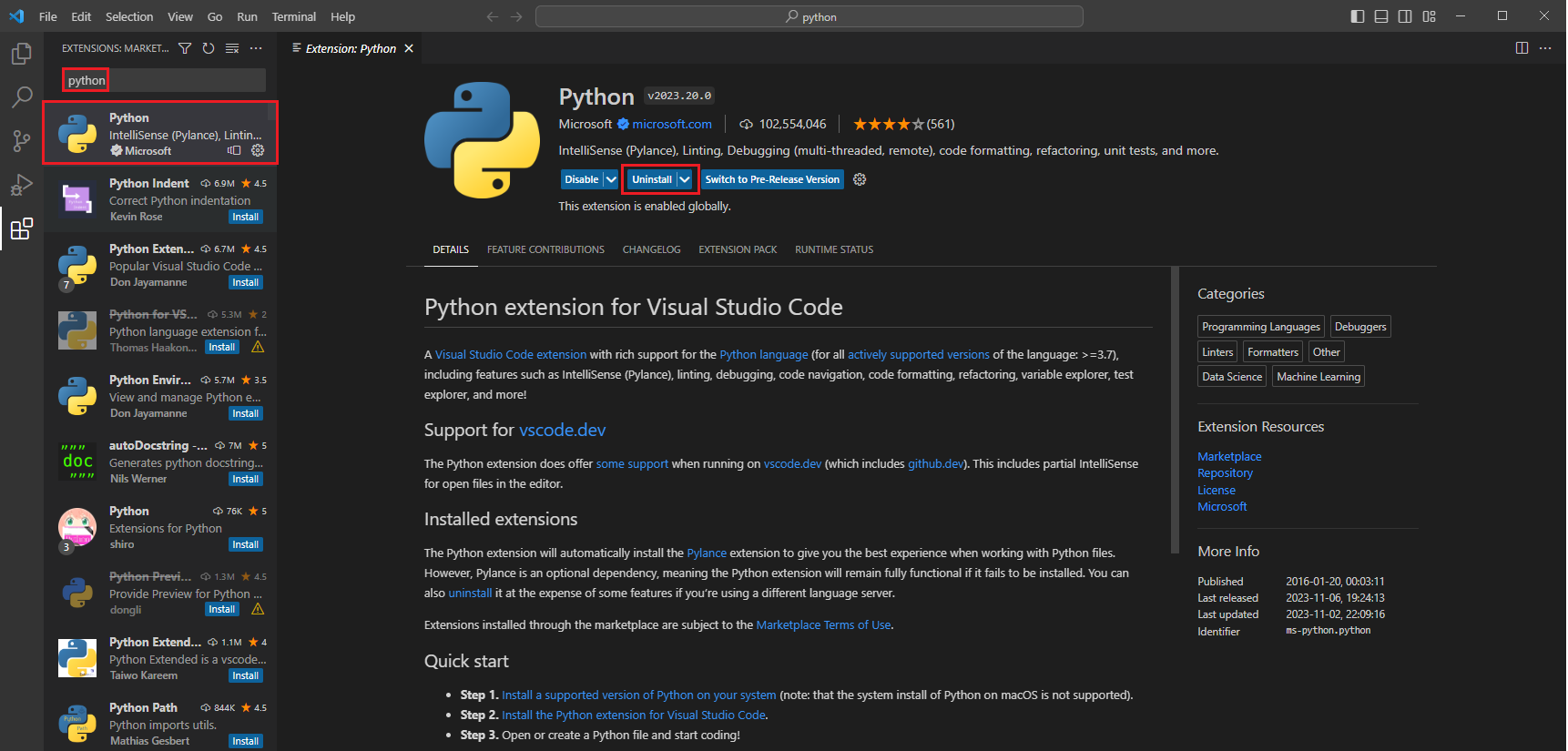 VSCode Extenstion Market에서 파이썬을 설치하는 방법에 대한 이미지입니다.