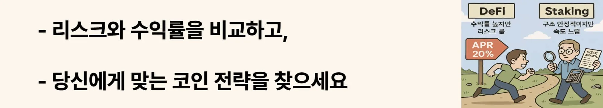 ‘높은 APR의 유혹, 수익률만 보면 놓치는 것들’이라는 문구가 포함된 웹배너 이미지. 이 이미지는 스테이킹과 디파이 예치의 수익률 구조와 APR/APY 차이를 설명하며, 블로그의 암호화폐 수익률 비교 주제와 관련된 내용을 전달함 (staking defi yield comparison).