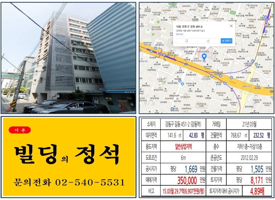  [강동구 강동성심병원 30억 꼬마빌딩 실거래가 조회] 길동 451-2 (강동역) 35억 원, 평당 8,171만 원 매매되었습니다. 길동사거리, 강동세무서