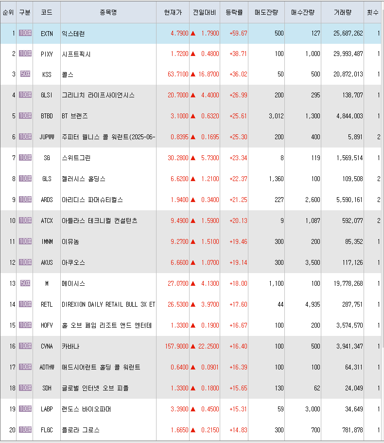  1월24일 미국주식 상승률 상위 종목 TOP 300