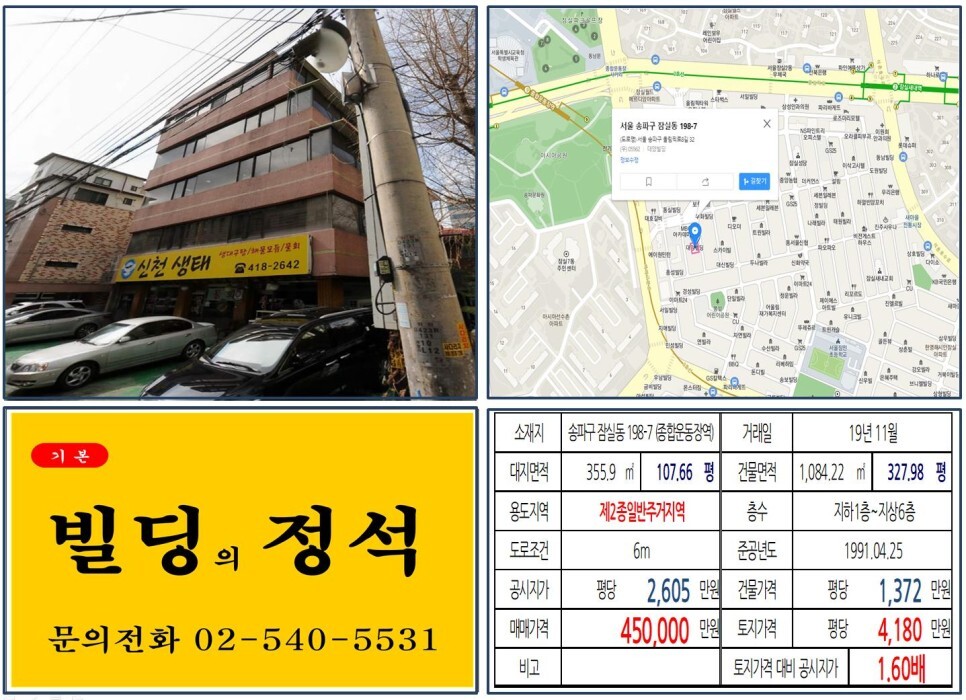  [송파구 잠실먹자상권 40억 꼬마빌딩 실거래가 조회] 잠실동 198-7 (종합운동장역) 45억 원, 평당 4,180만 원 매매되었습니다.