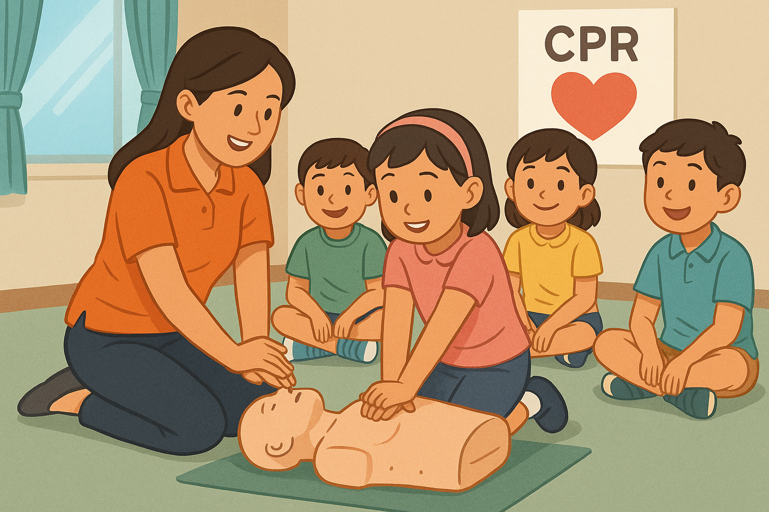 안전체험관에서 강사에게 심폐소생술(CPR)을 배우는 어린이들 모습, 밝은 실내 환경