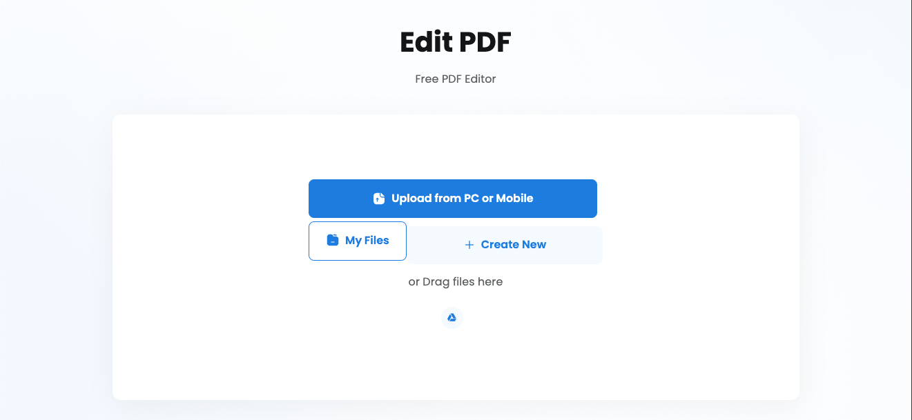 Edit PDF에서 가운데 'upload from PC or Mobile' 버튼을 눌러서 편집하려는 PDF 파일을 업로드합니다. PC를 사용하시는 경우 간단하게 드래그 앤 드롭으로 업로드 가능합니다.