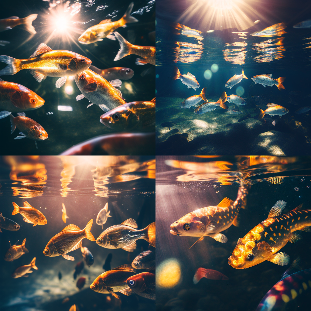 fishes in water with sparkling&amp;#44; crisp radiant reflections&amp;#44; sunlight gleaming&amp;#44; Canon 35mm lens hyperrealistic photography&amp;#44; style of unsplash --style 4b