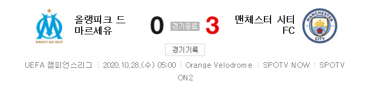  해외축구 - 올랭피크 드 마르세유 VS 맨체스터 시티 FC UCL 조별리그 하이라이트 (2020년 10월 28일)