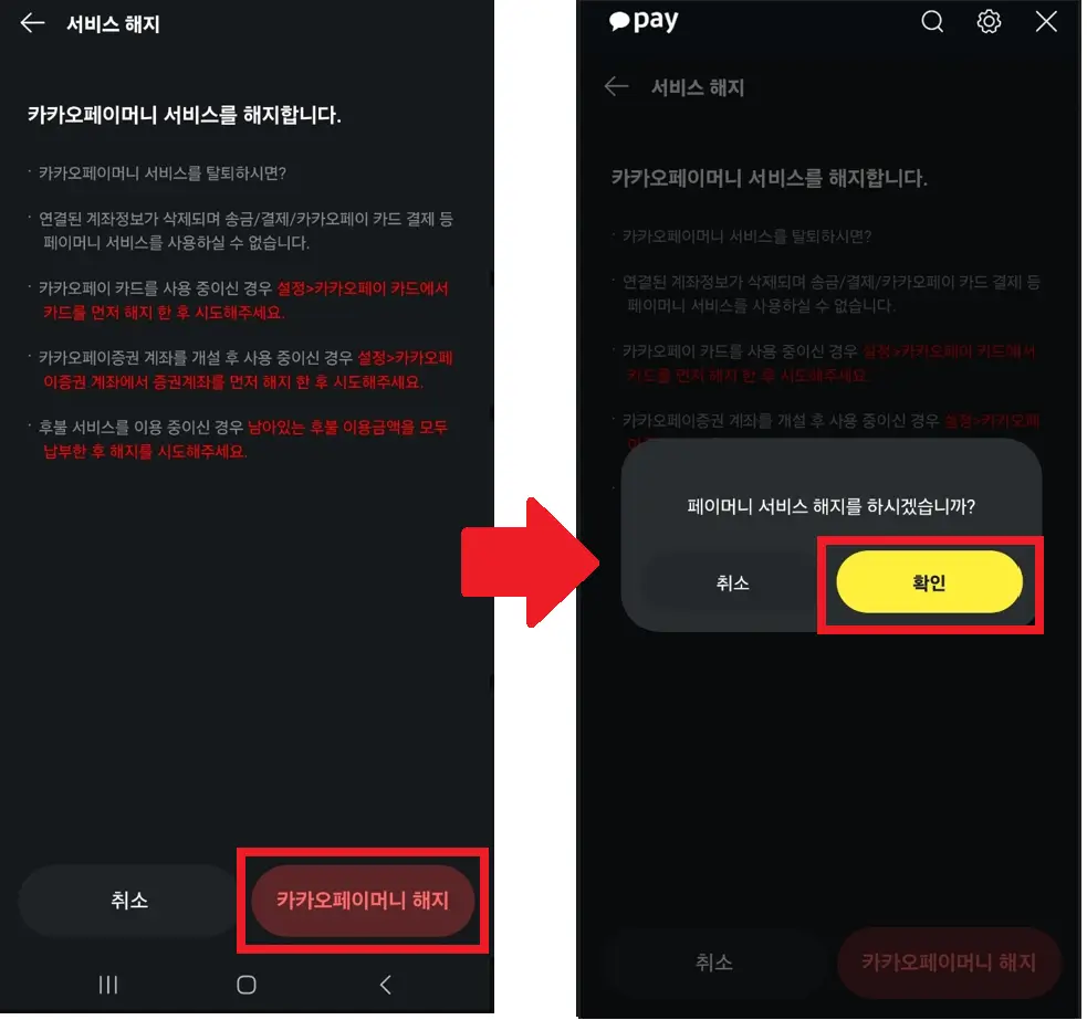 카카오페이머니 서비스 해지 화면
