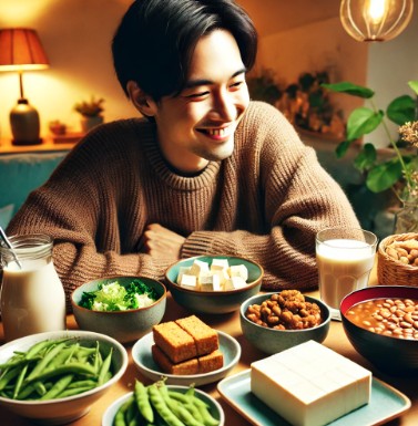 콩으로 만든 다양한 음식을 먹는 사람의 모습