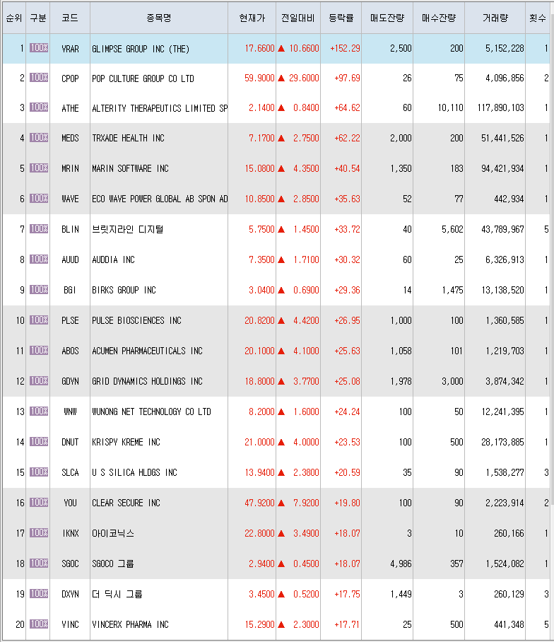  7월1일 미국주식 상승률 상위 종목 TOP 300