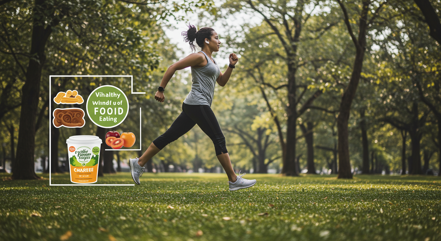 Image Prompt: &quot;A person looking vibrant and energetic, perhaps jogging or doing yoga in a park, with a subtle overlay of a healthy food label in a corner. Represents the positive outcomes of mindful eating. Bright, positive, healthy lifestyle. - English: A person looking vibrant and energetic, perhaps jogging or doing yoga in a park, with a subtle overlay of a healthy food label in a corner. Represents the positive outcomes of mindful eating. Bright, positive, healthy lifestyle.&quot;