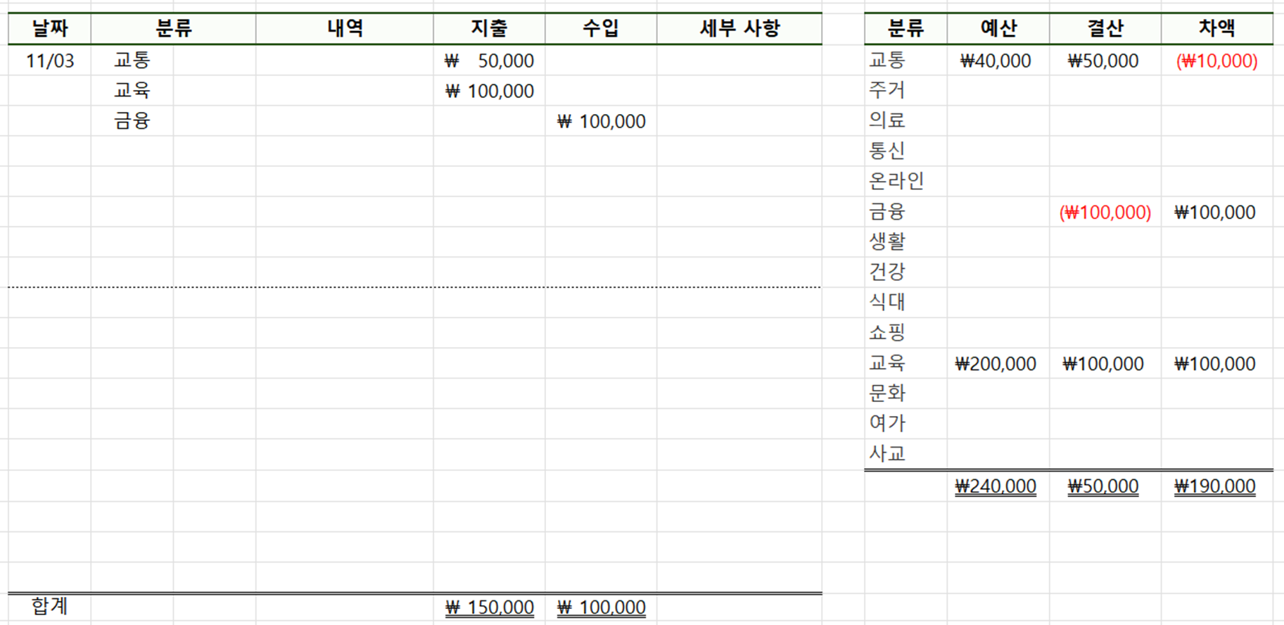 입출금과 예결산 연결한 엑셀